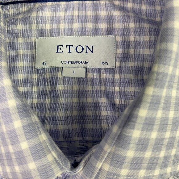 Eton Contemporary Shirt Men's 42 16.5 Button Up Front Lilac Blue Gingham Check - Picture 3 of 11